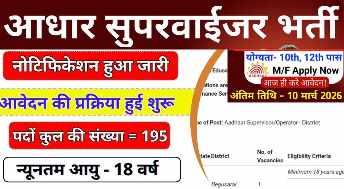 Aadhar Supervisor Recruitment 2026