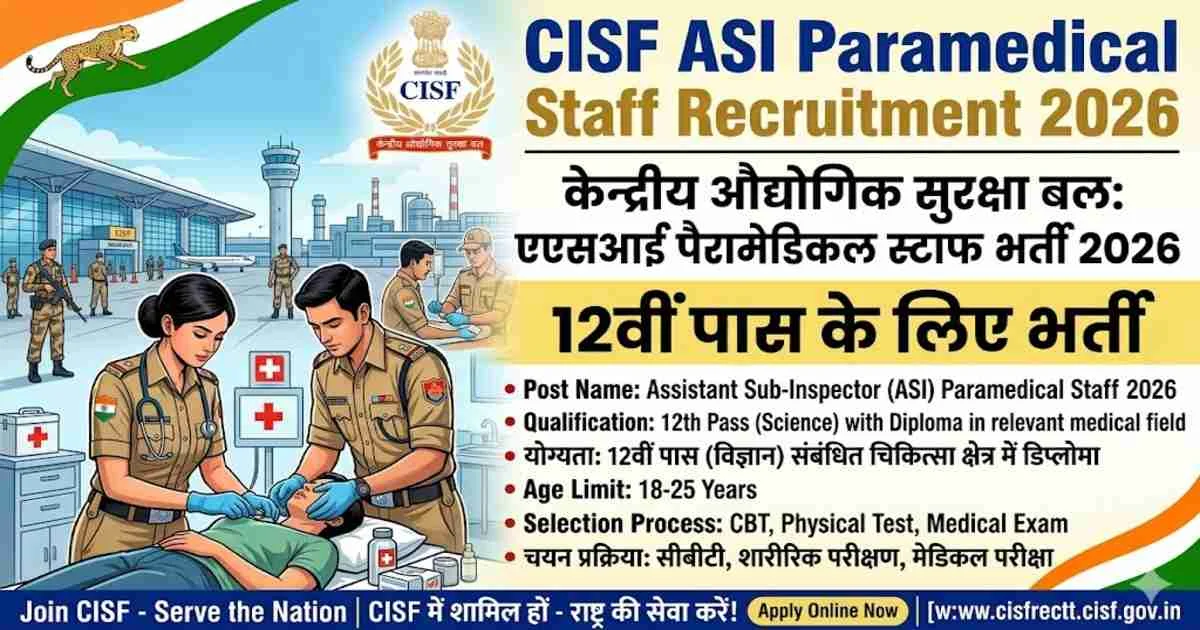 CISF ASI Paramedical Staff Recruitment 2026: केंद्रीय औद्योगिक सुरक्षा बल में 12वीं पास के लिए भर्ती